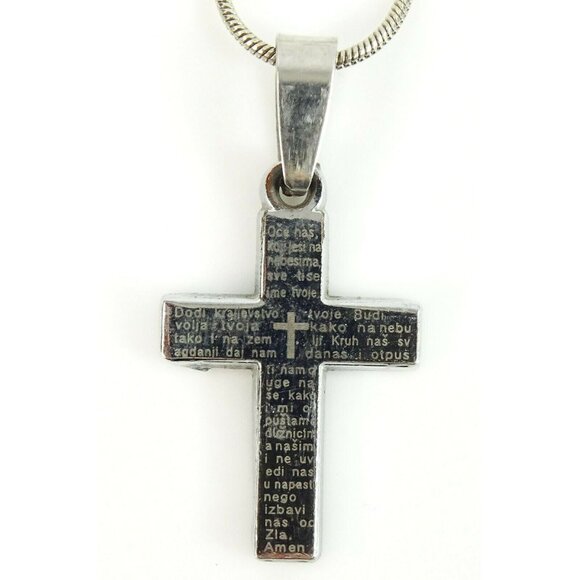 Cross Pendant w Bosnian Our Father Necklace Religious Christian Catholic Jewelry - Picture 1 of 4